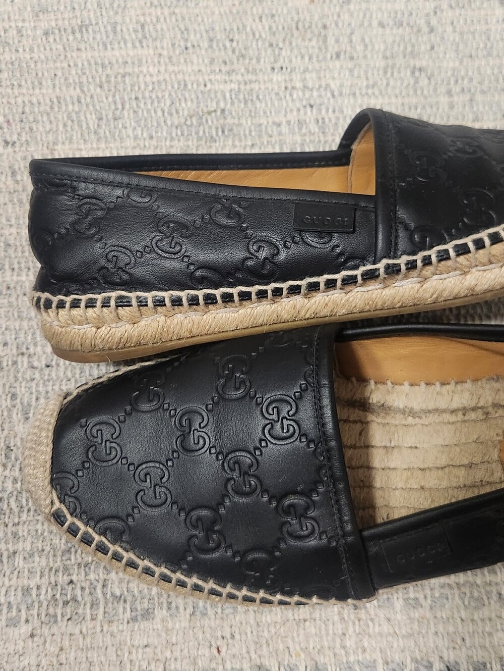 Gucci Black Monogram Embossed Leather Espadrille Flats